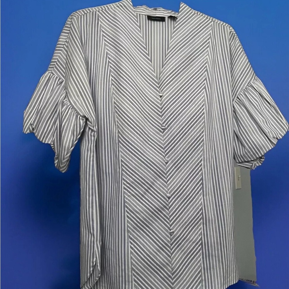 Halogen Blue White Stripe Short Bell Sleeve Button Blouse - 2XL P